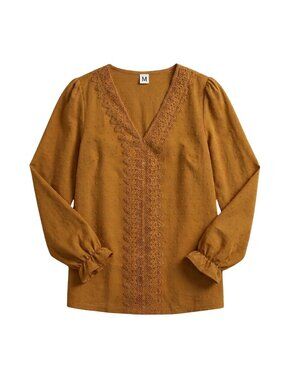 NWOT | Mustard Swiss Dot Lace Trim V-Neck Long Sleeve Ruffle Cuff Blouse | Mediu
